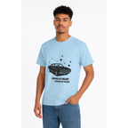 Man wearing a light blue t-shirt with a car graphic and text on a white background