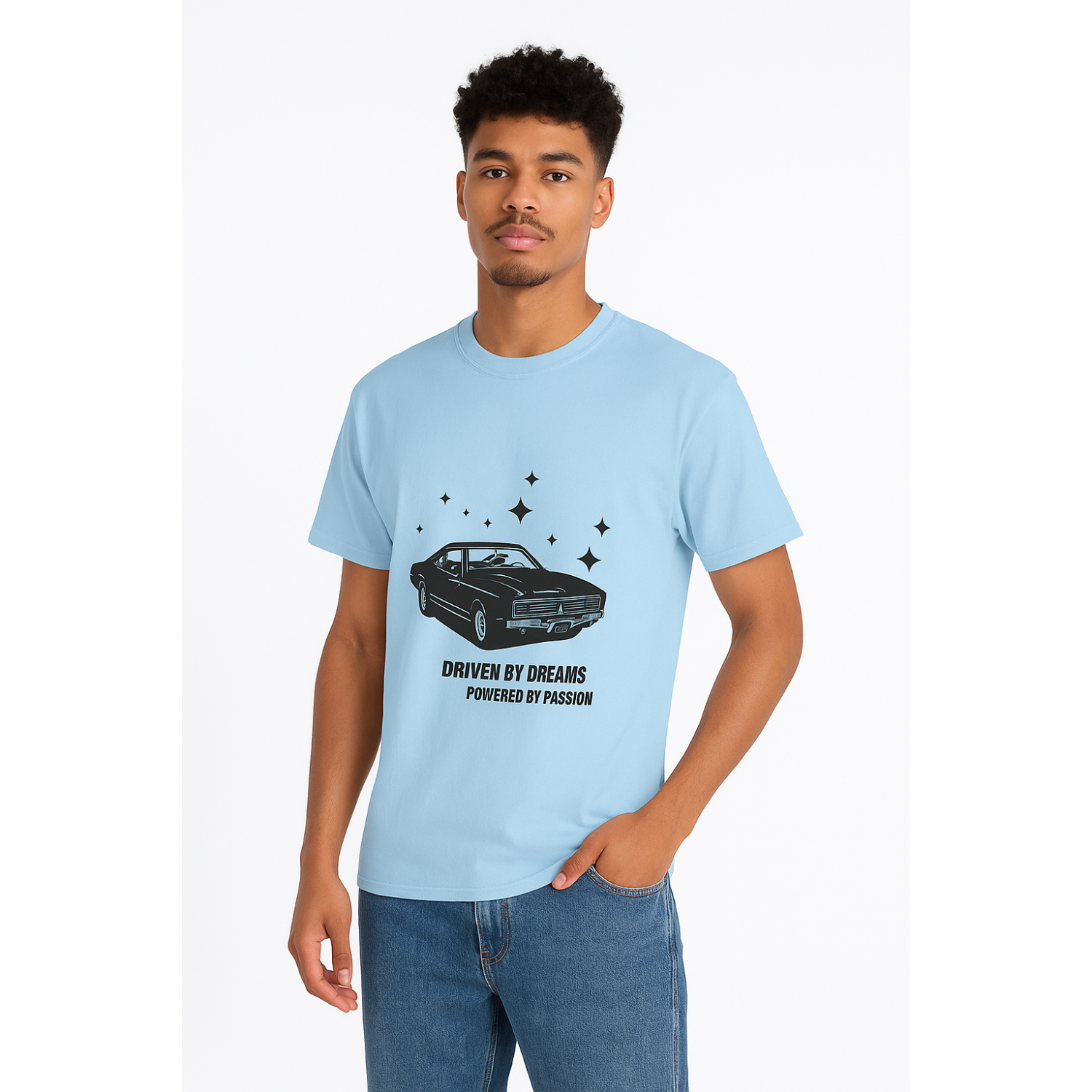 Man wearing a light blue t-shirt with a car graphic and text on a white background