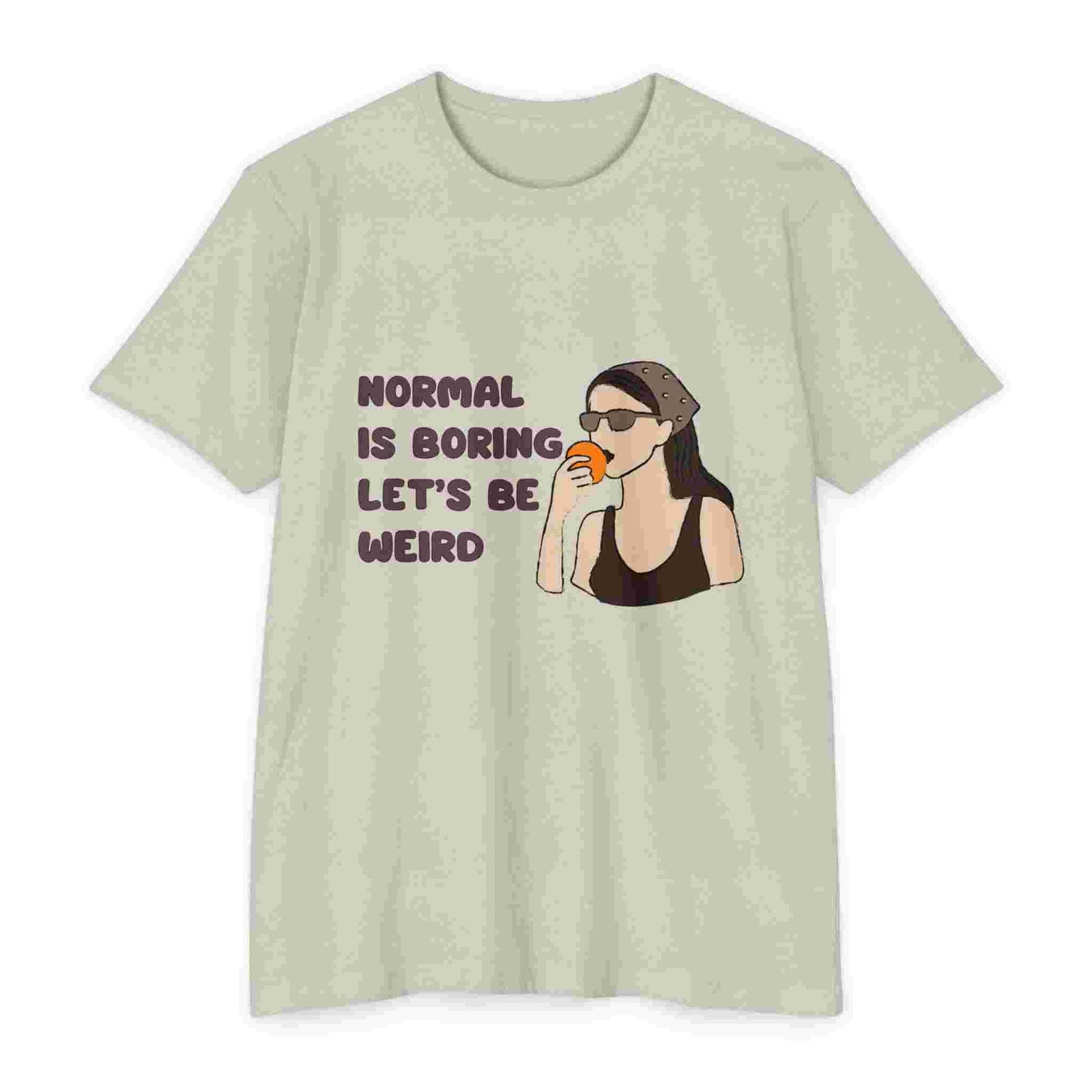 Sand t-shirt with graphic and text 'Normal is boring, let's be weird' on a white background
