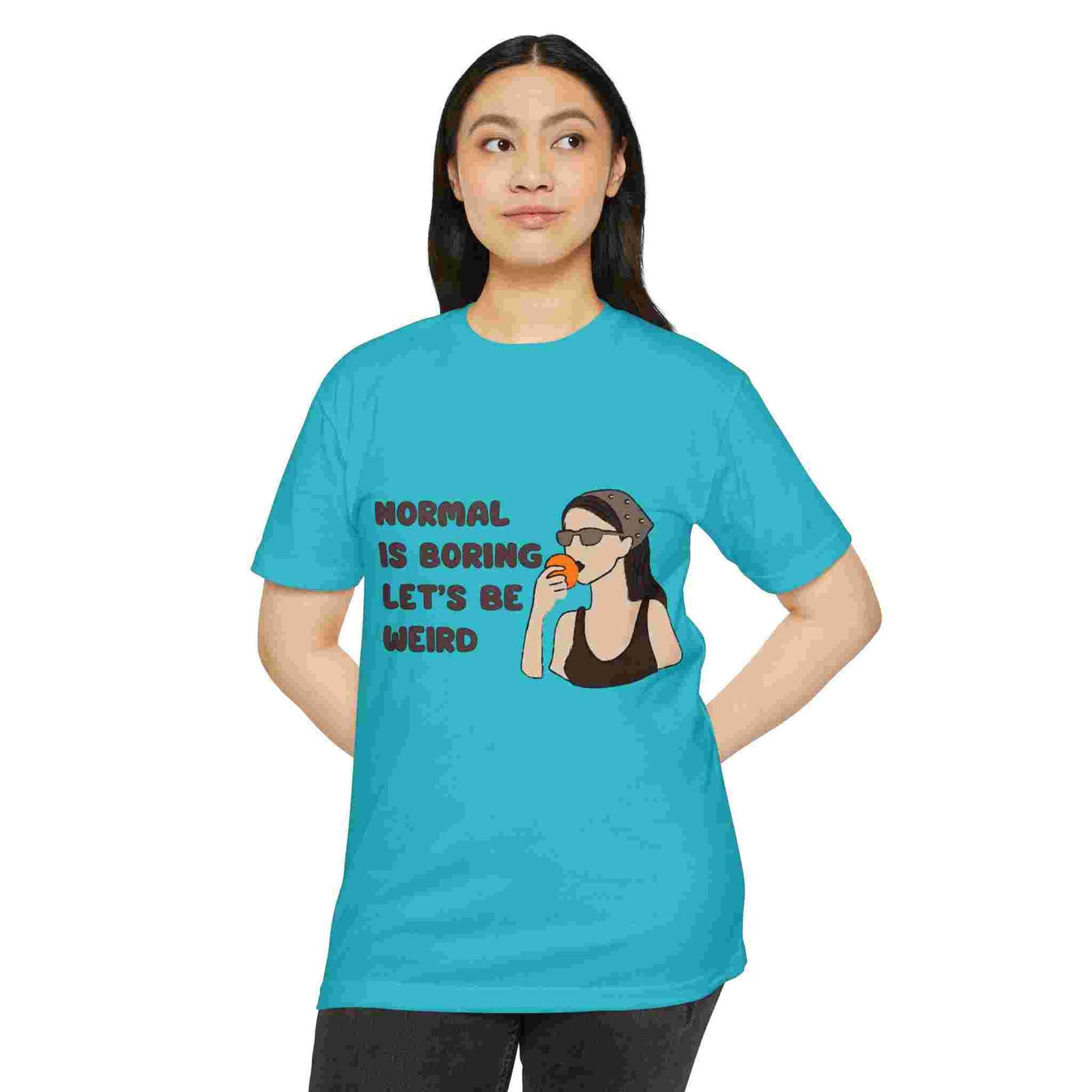 Person wearing a Tahiti blue t-shirt with a graphic and text on a white background