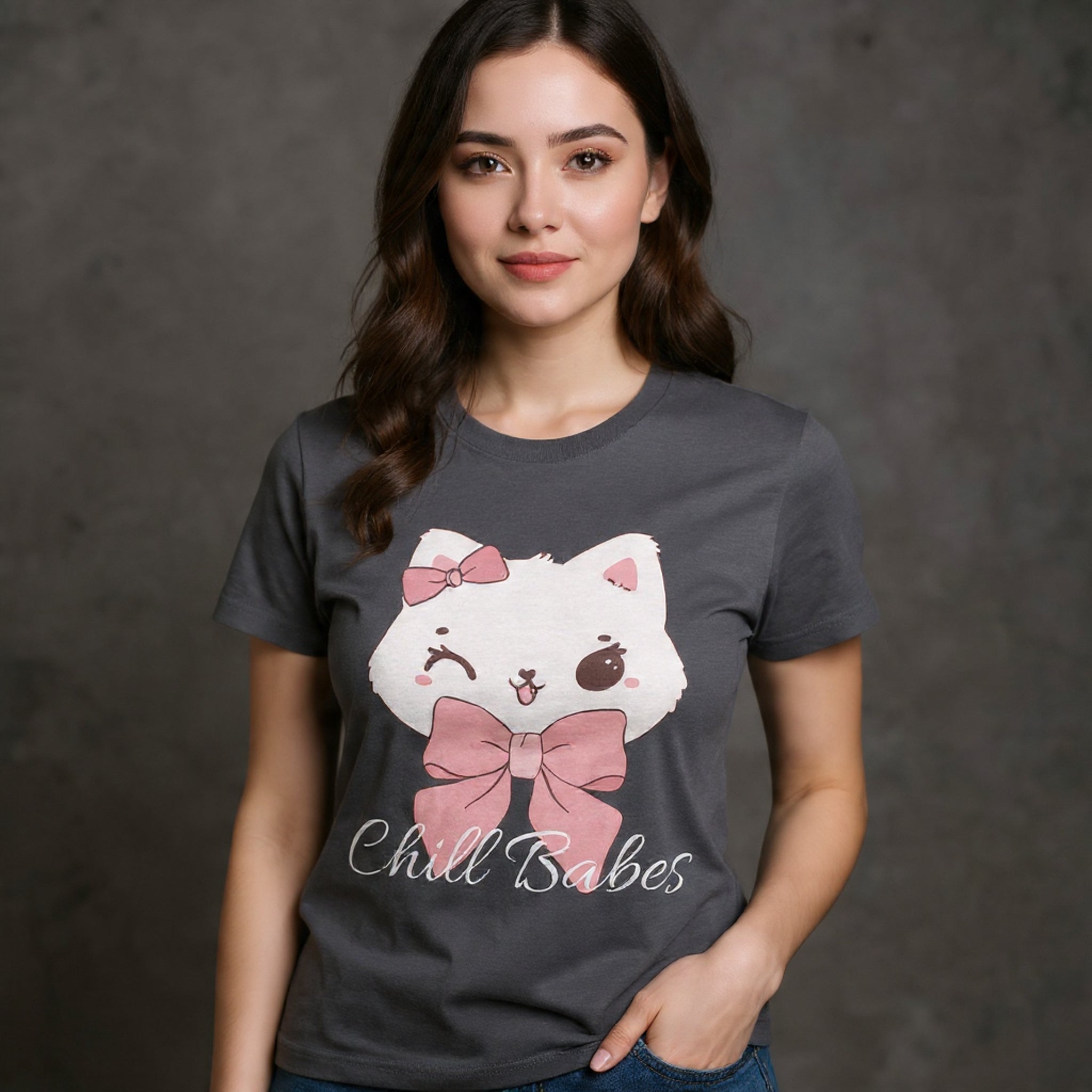 Woman wearing a Asphalt t-shirt with a cartoon cat design and text on a dark background