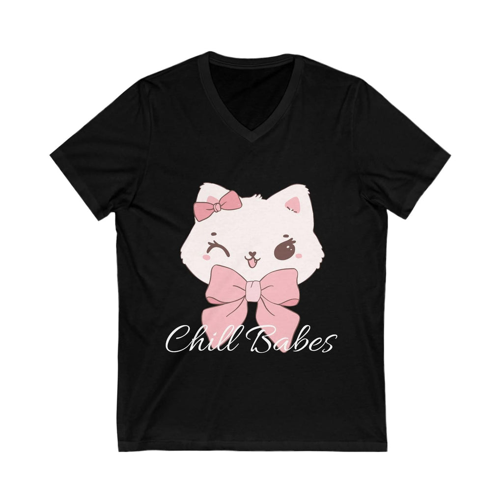 Black t-shirt with a cartoon cat design and 'Chill Babes' text on a white background