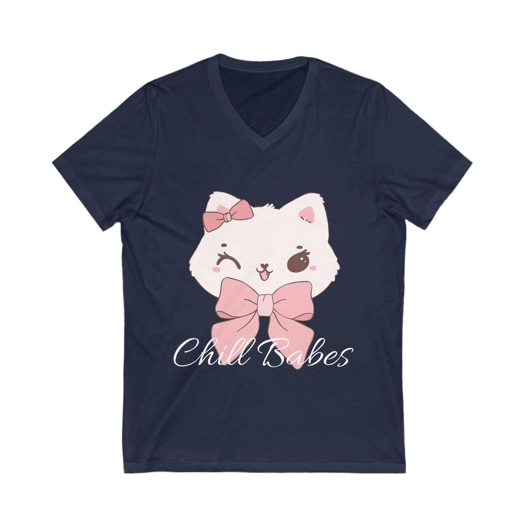 Navy t-shirt with a cartoon cat design and 'Chill Babes' text on a white background