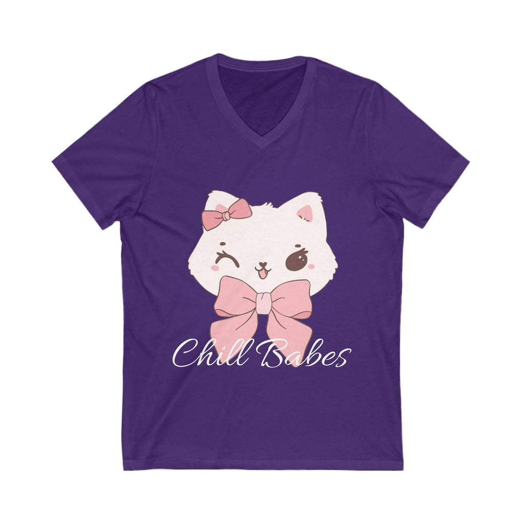 True Purple t-shirt with a cartoon cat design and 'Chill Babes' text on a white background