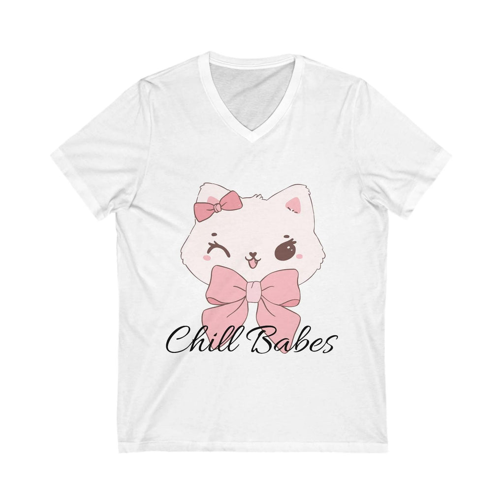 White t-shirt with a cartoon cat wearing a pink bow and 'Chill Babes' text on a white background