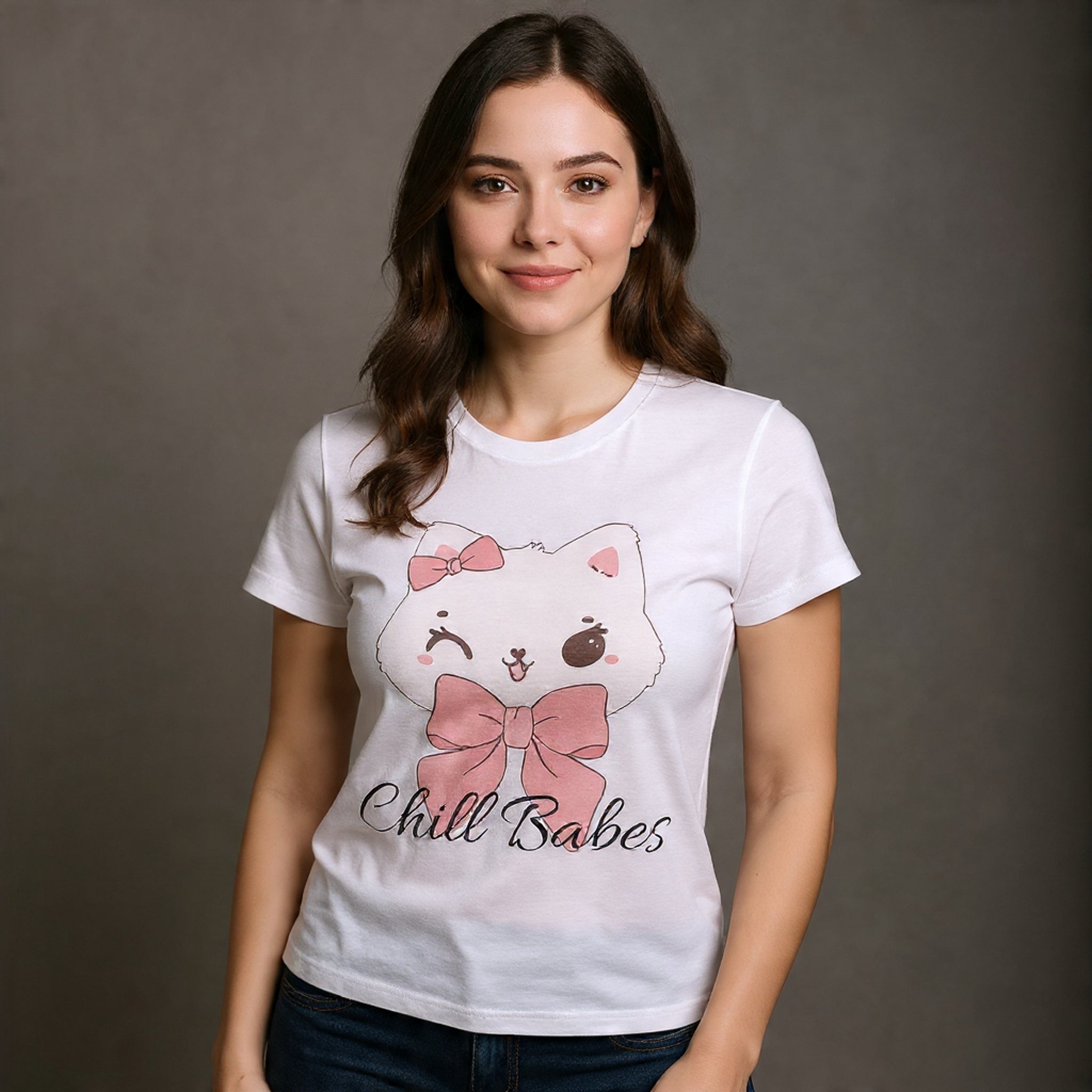 Woman wearing a white t-shirt with a cat graphic and text against a gray background