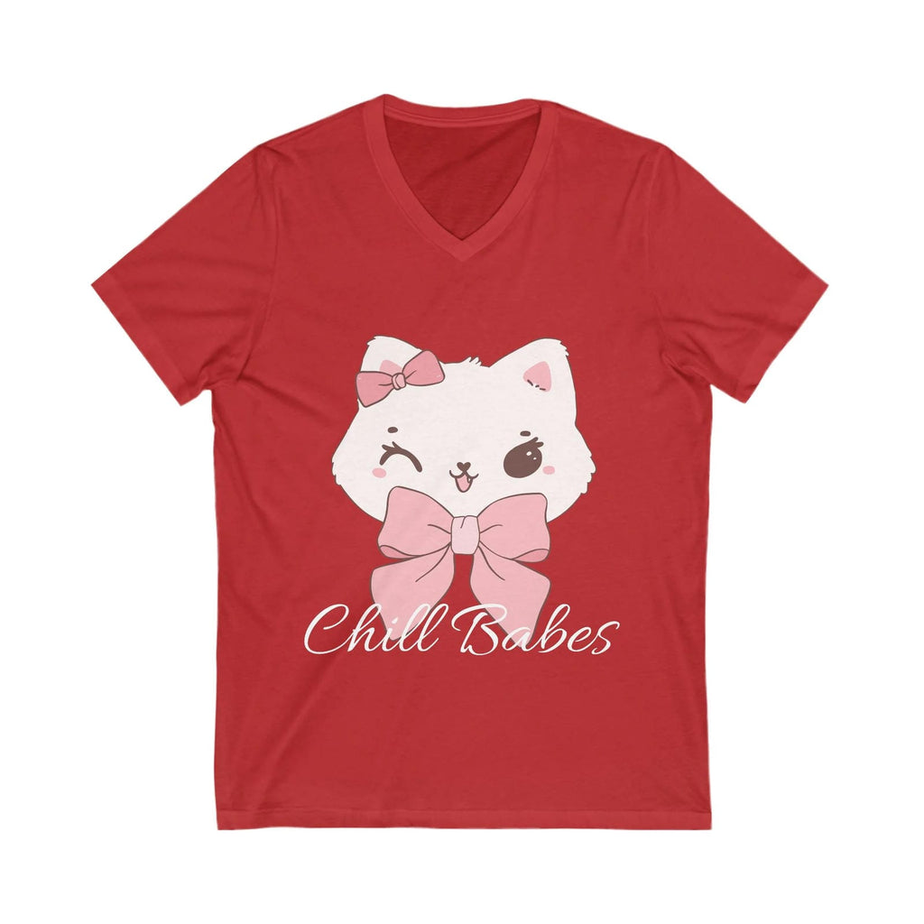 Red t-shirt with a cartoon cat design and 'Chill Babes' text on a white background