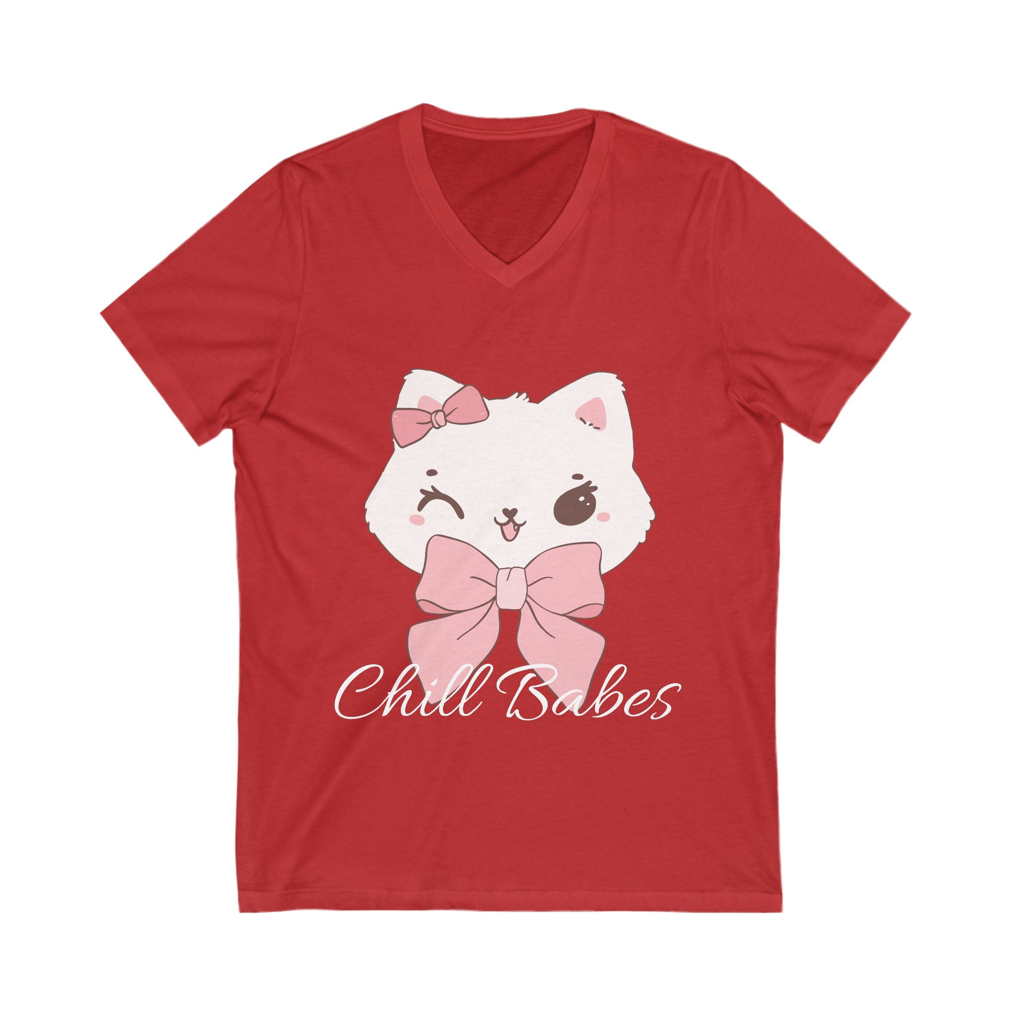 Red t-shirt with a cartoon cat design and 'Chill Babes' text on a white background