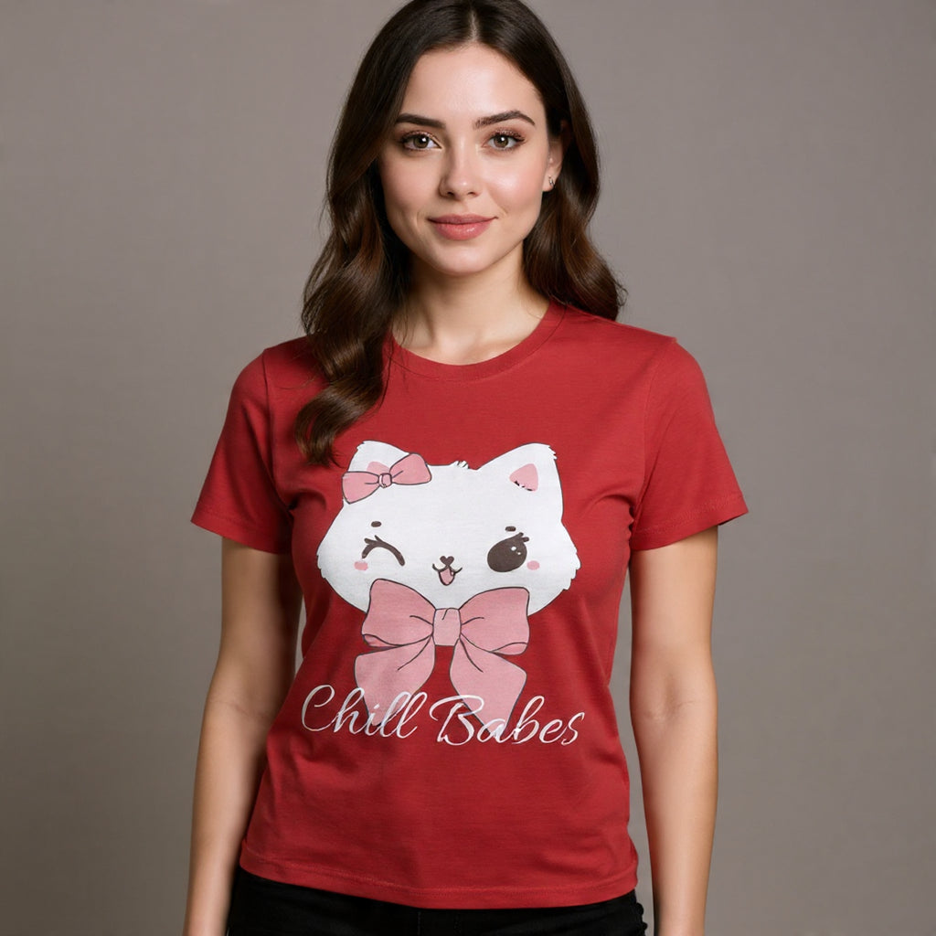 Woman wearing a red t-shirt with a cartoon cat design and 'Chill Babes' text on a plain background