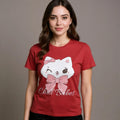 Woman wearing a red t-shirt with a cartoon cat design and 'Chill Babes' text on a plain background