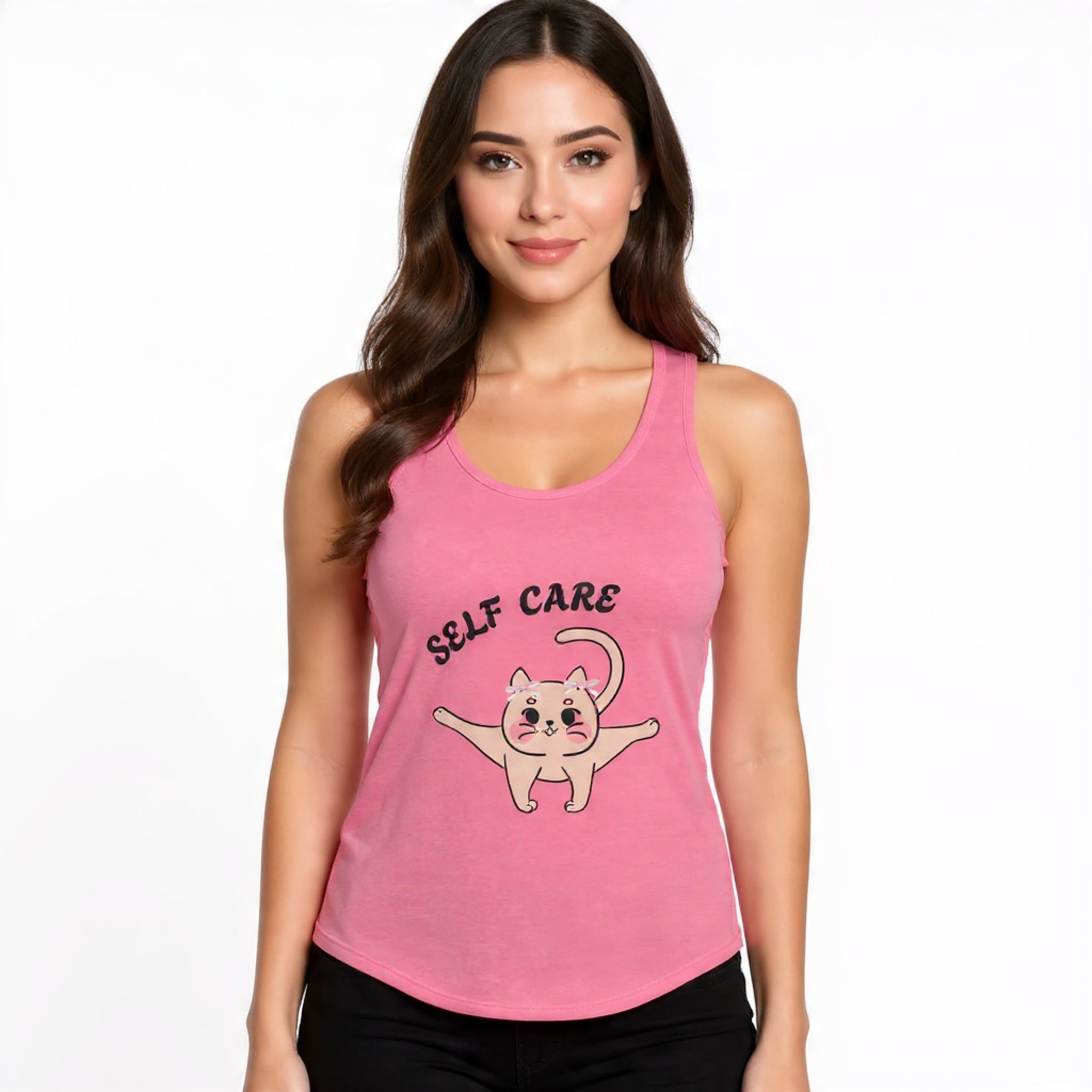 Woman wearing a Solid Hot pink tank top with 'self care' and a cat illustration on a white background