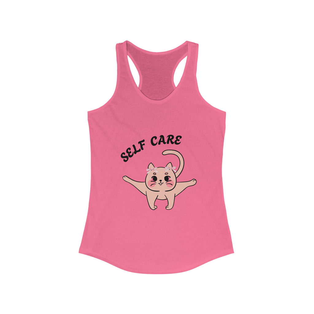 Solid Hot Pink tank top with a cartoon cat and 'Self Care' text on a white background