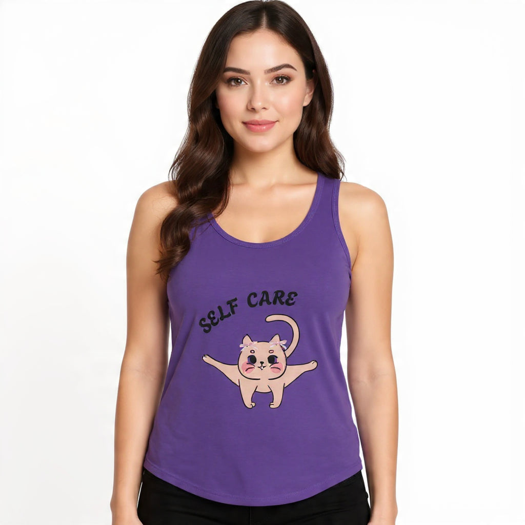 Woman wearing a Solid purple rush tank top with 'self care' and a cat illustration on a white background