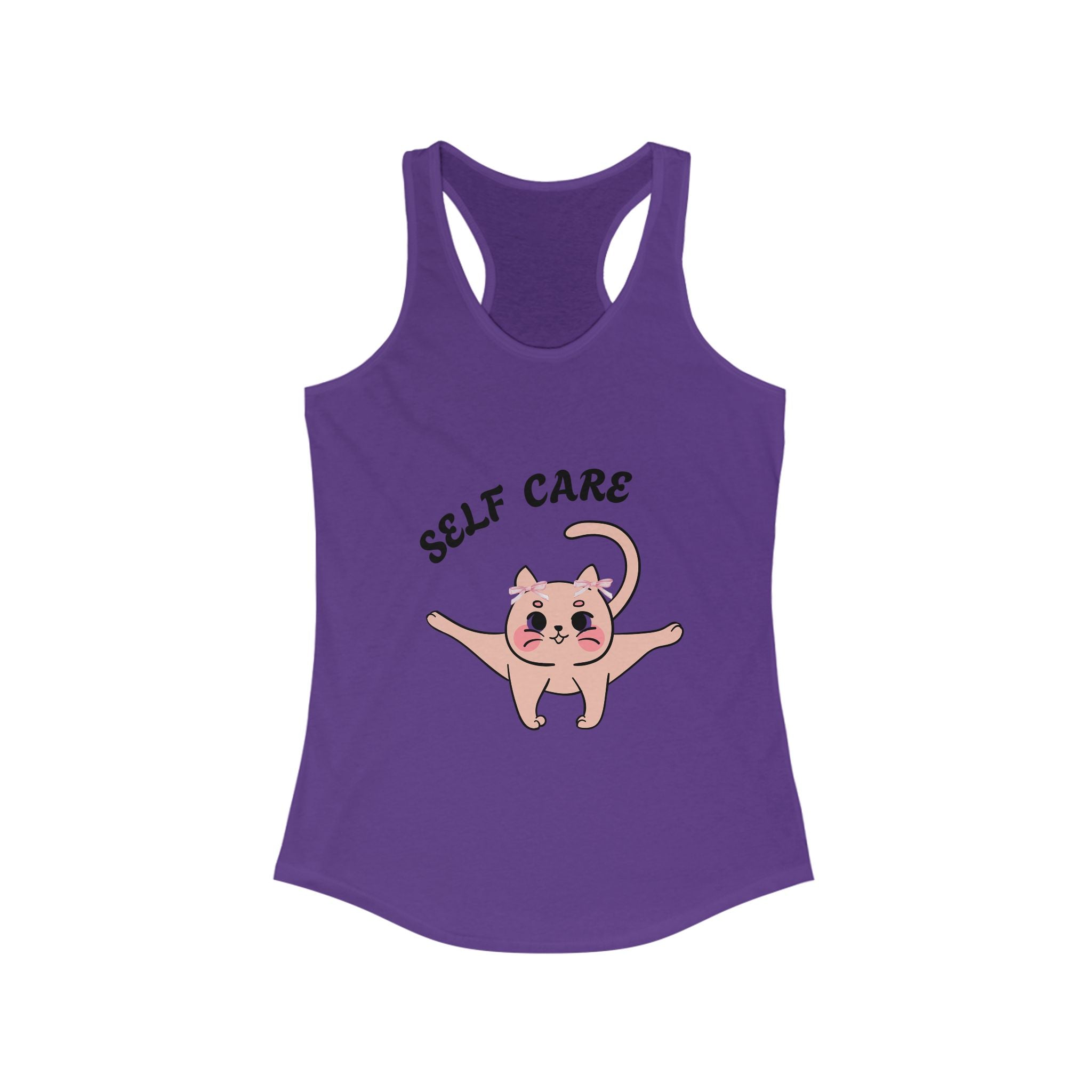 Solid Purple rush tank top with a cartoon cat and 'self care' text on a white background