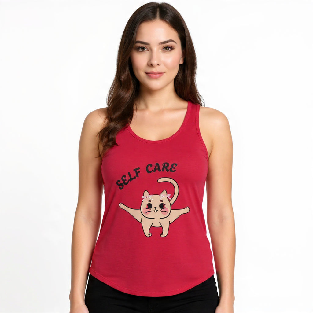 Woman wearing a Solid red tank top with a cat graphic and 'Self Care' text on a white background