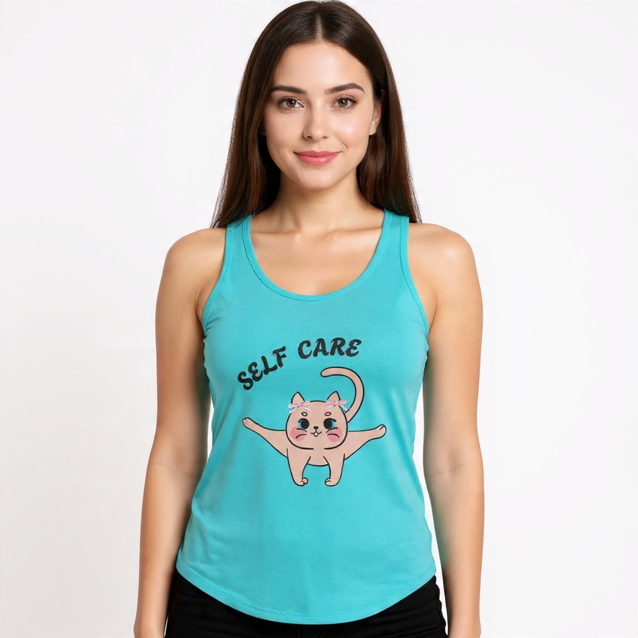 Woman wearing a Solid Tahiti tank top with a cat illustration and 'Self Care' text on a white background