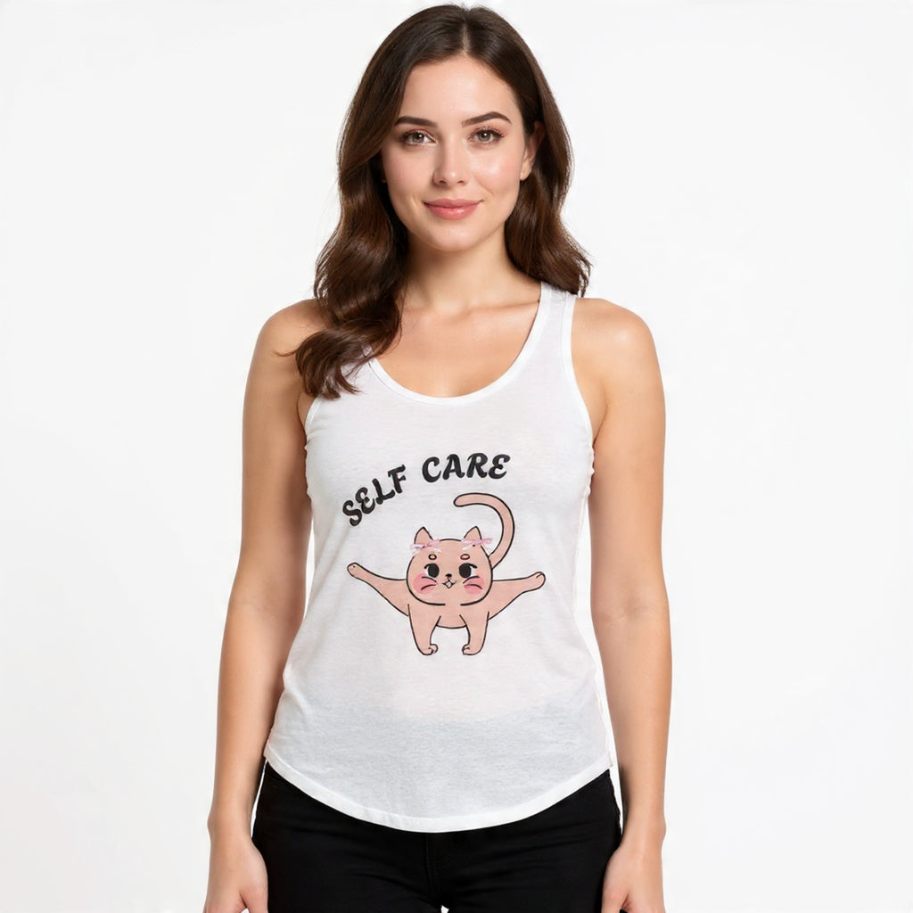 Woman wearing a white tank top with a cat illustration and 'SELF CARE' text on a white background