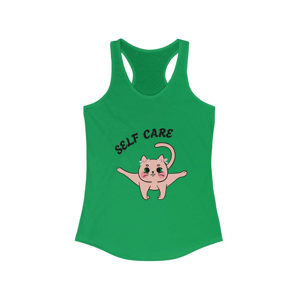 Solid kelly Green tank top with a pink cat illustration and 'self care' text on a white background