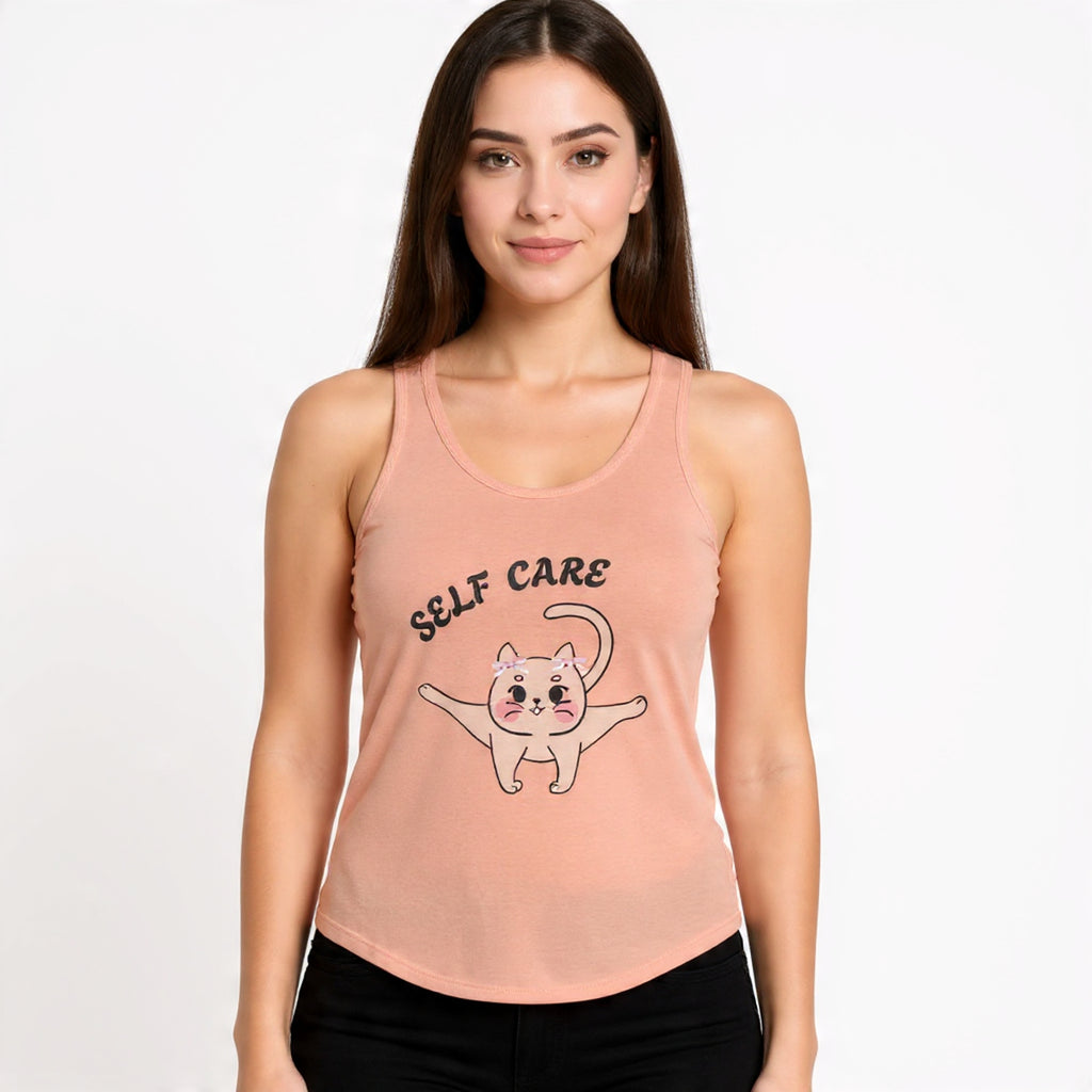 Woman wearing a Solid light orange tank top with 'Self Care' and a cat illustration on a white background