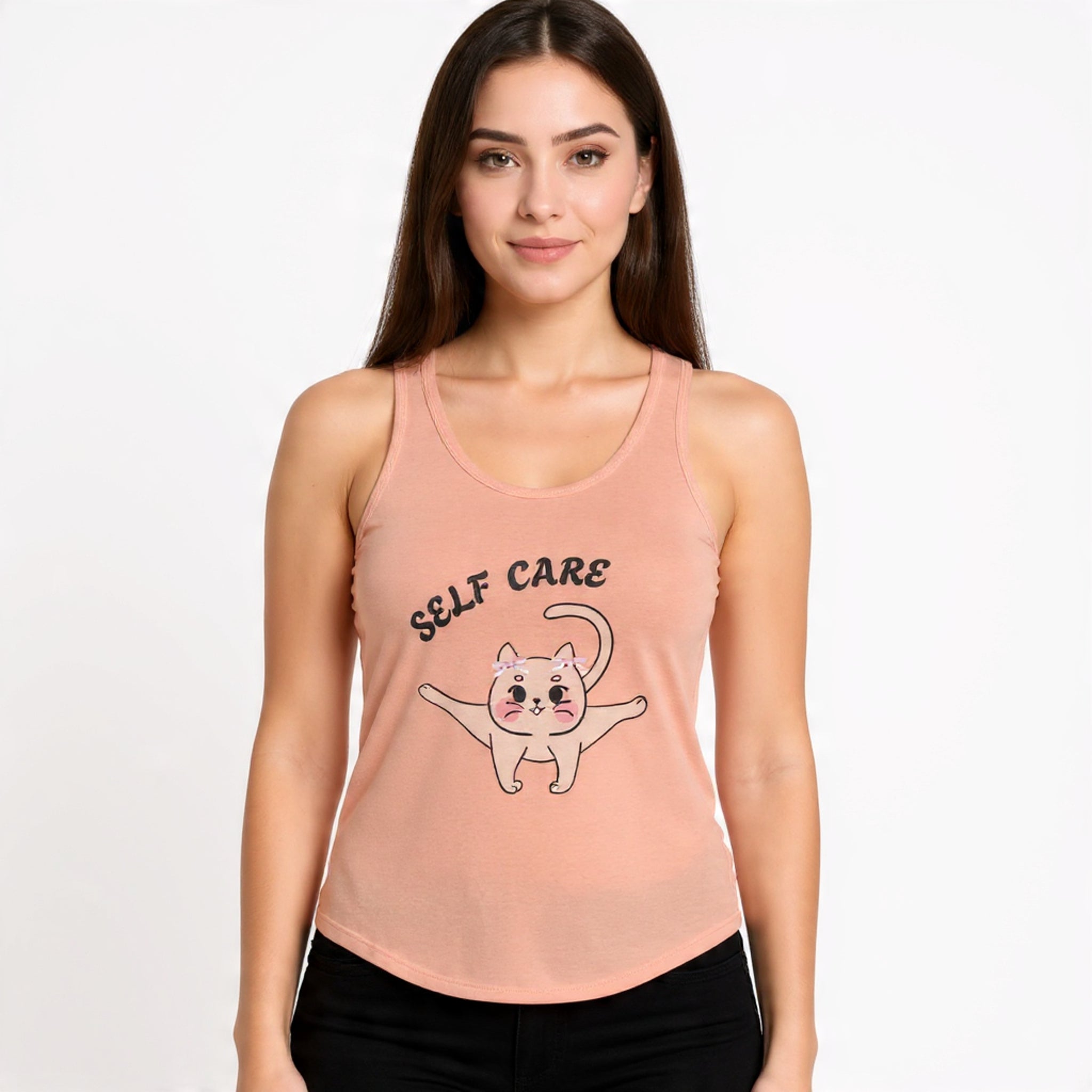 Woman wearing a Solid light orange tank top with 'Self Care' and a cat illustration on a white background