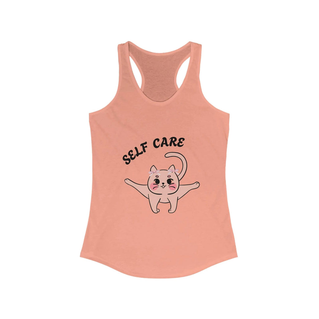 Solid light orange colored tank top with a cat illustration and 'Self Care' text on a white background