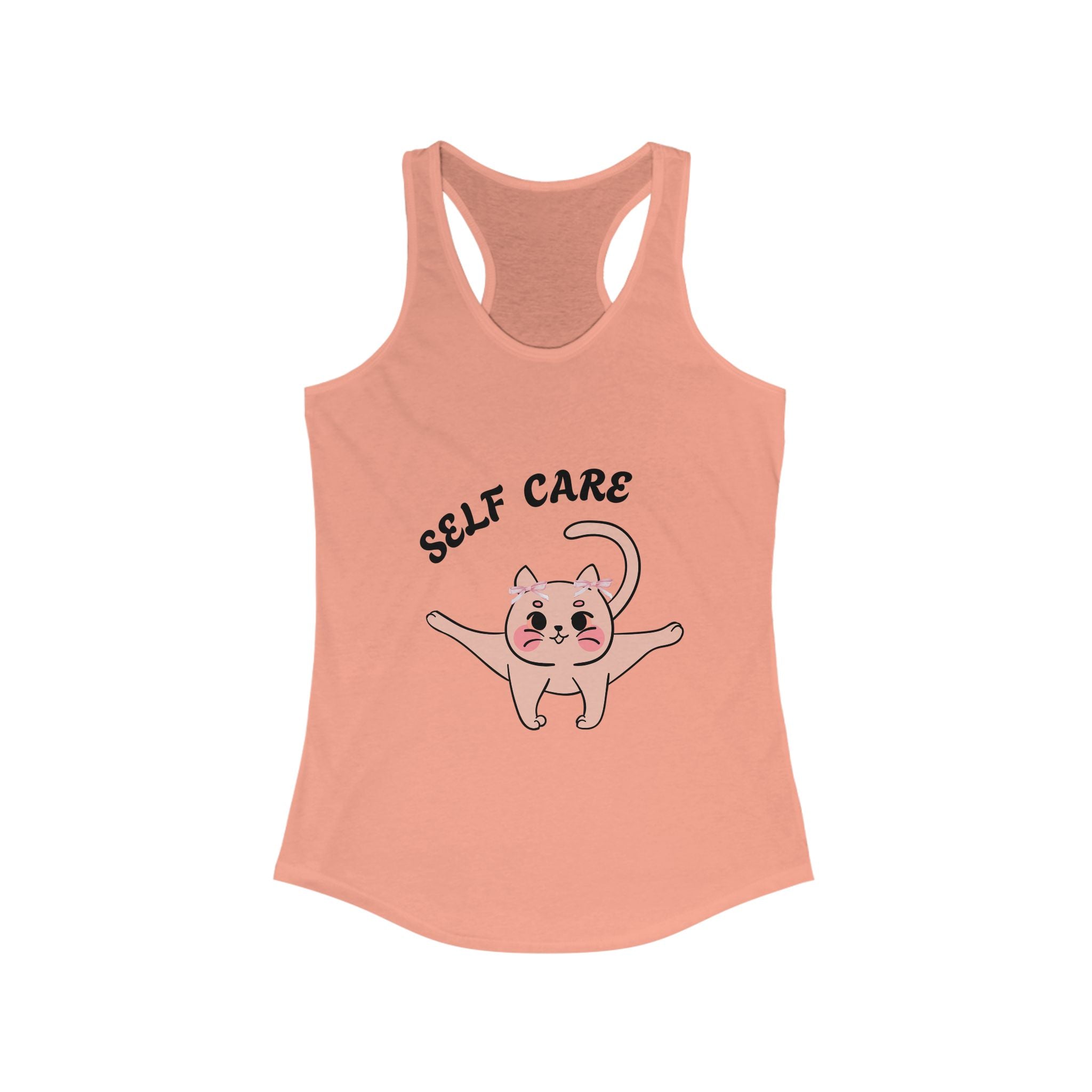 Solid light orange colored tank top with a cat illustration and 'Self Care' text on a white background