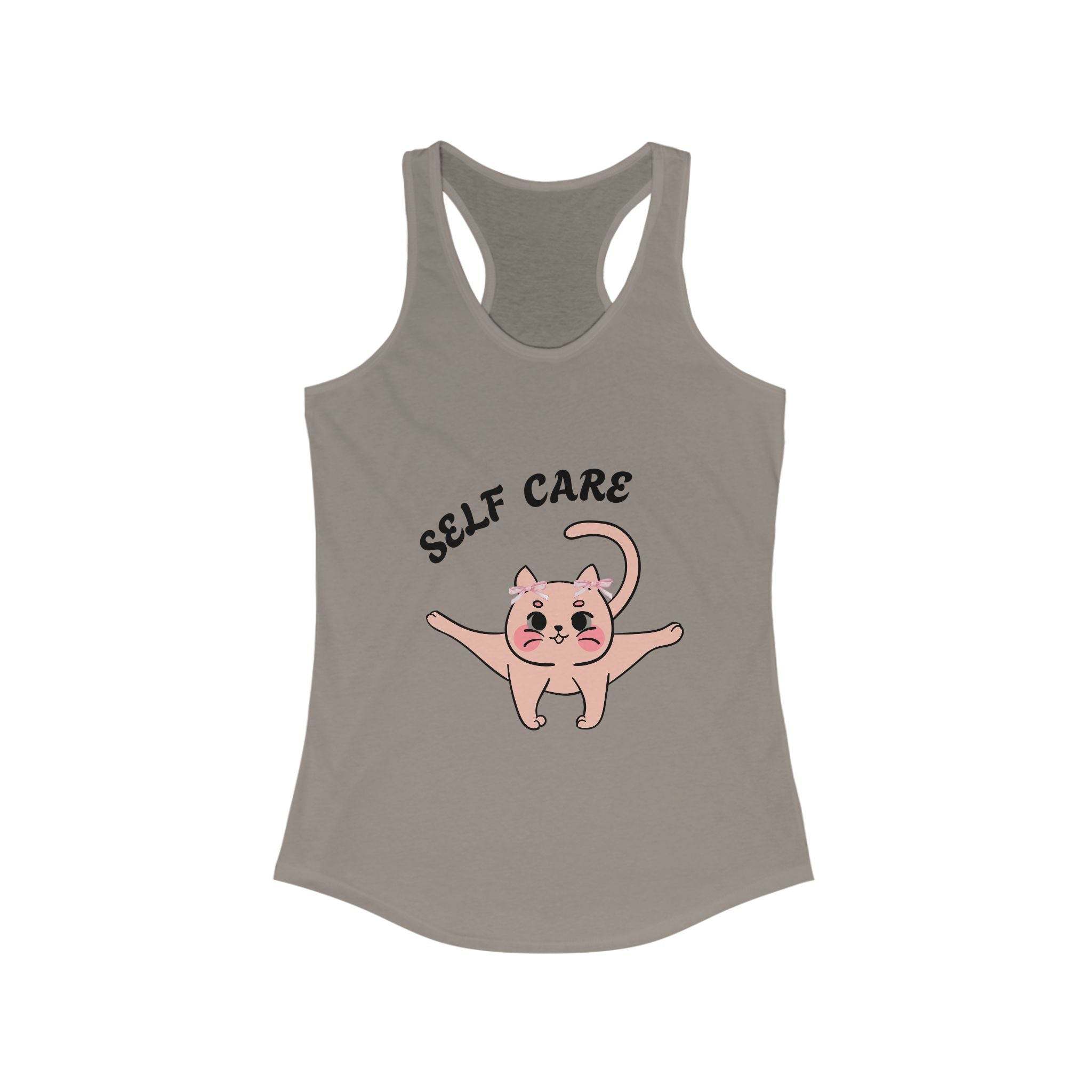 Solid Warm Gray tank top with a cartoon cat and 'self care' text on a white background