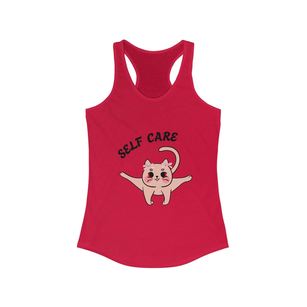 Solid Red tank top with a cartoon cat and 'Self Care' text on a white background