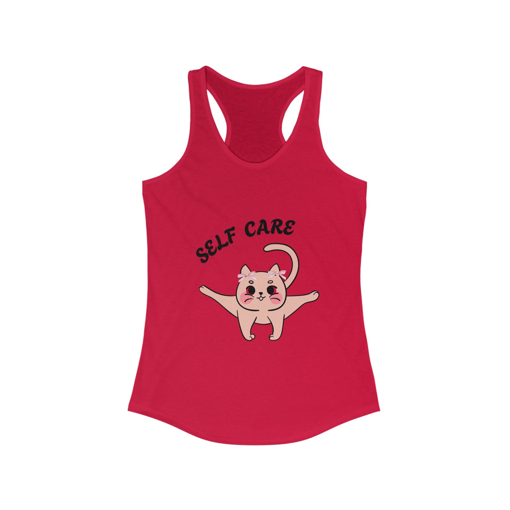 Solid Red tank top with a cartoon cat and 'Self Care' text on a white background