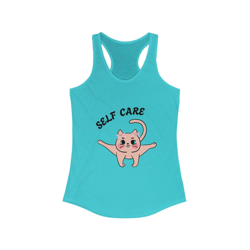 Solid tahiti tank top with a cartoon cat and 'Self Care' text on a white background