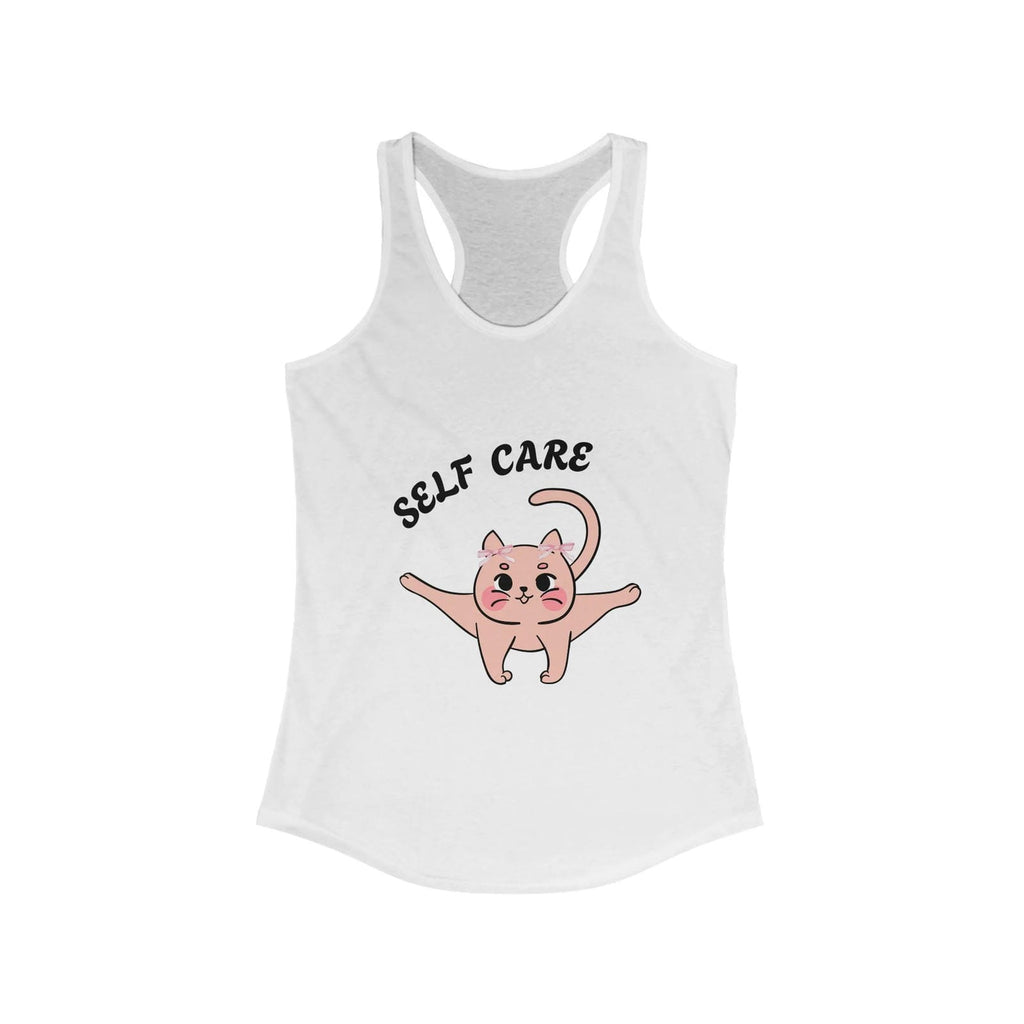 White tank top with a cartoon cat and 'self care' text on a white background