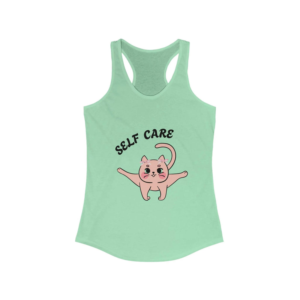 Solid Mint tank top with a cartoon cat and 'Self Care' text on a white background