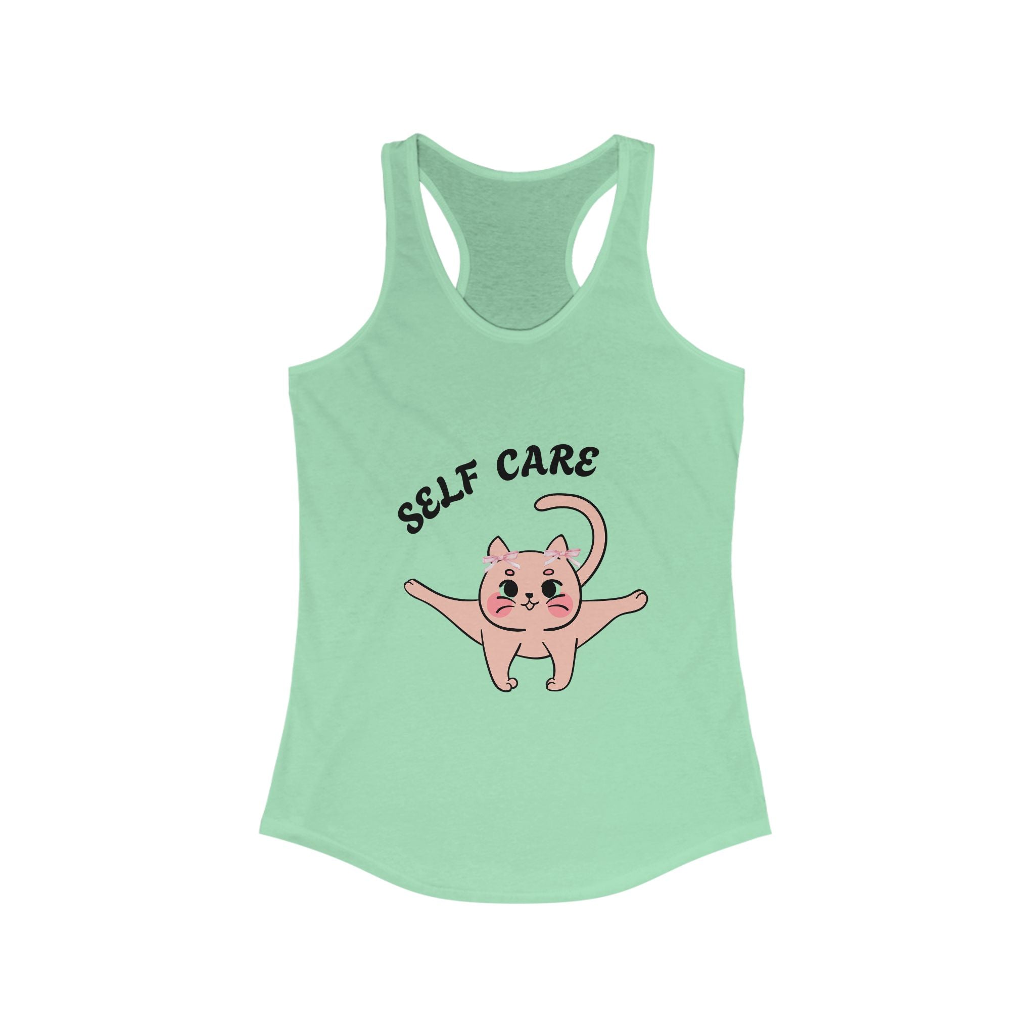 Solid Mint tank top with a cartoon cat and 'Self Care' text on a white background