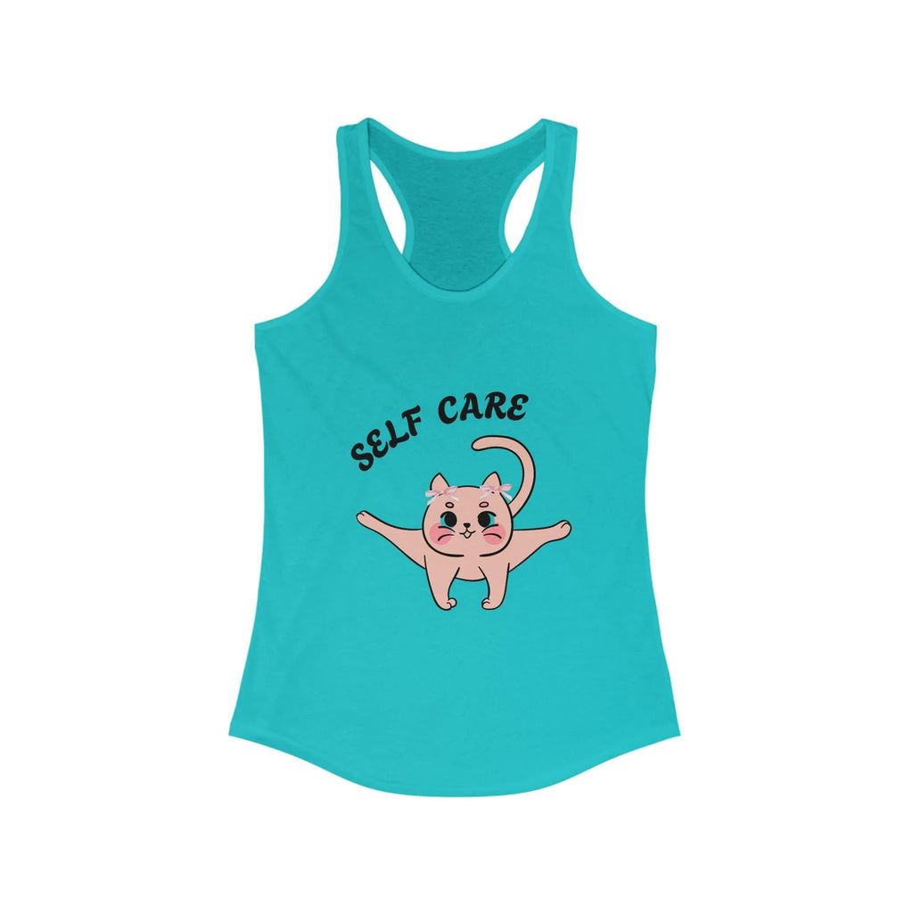 Tahiti blue tank top with a cartoon cat and 'Self Care' text on a white background