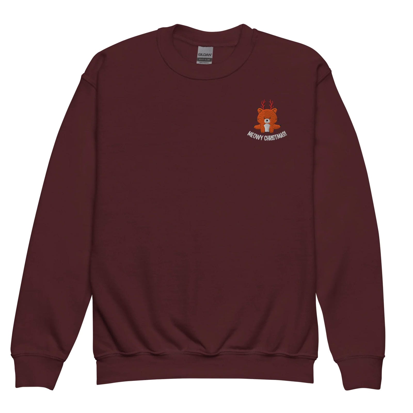 Maroon sweatshirt with a small logo on the chest against a white background