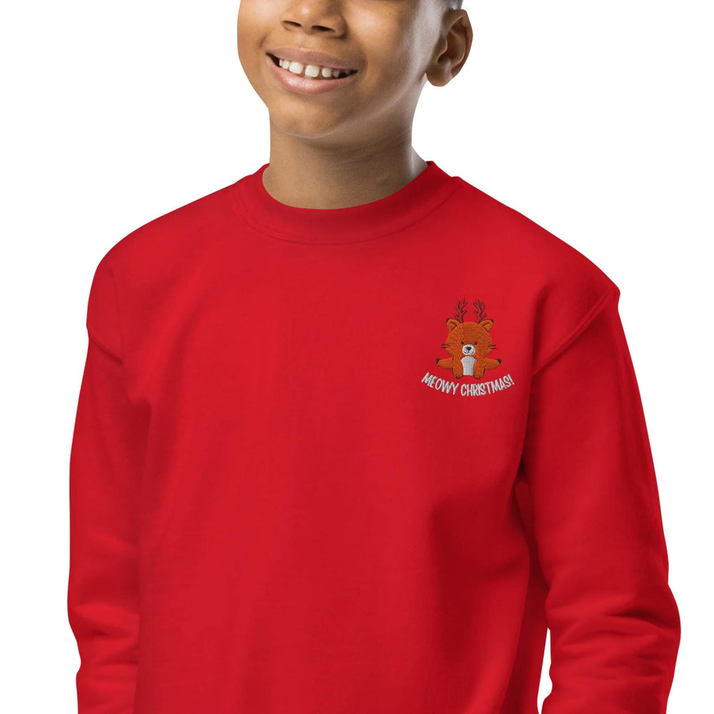 Child wearing a red sweatshirt with a Christmas-themed design on a white background