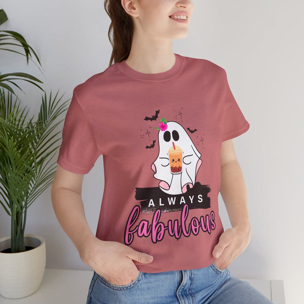 Person wearing a Mauve t-shirt with a ghost graphic and 'Always fabulous' text.