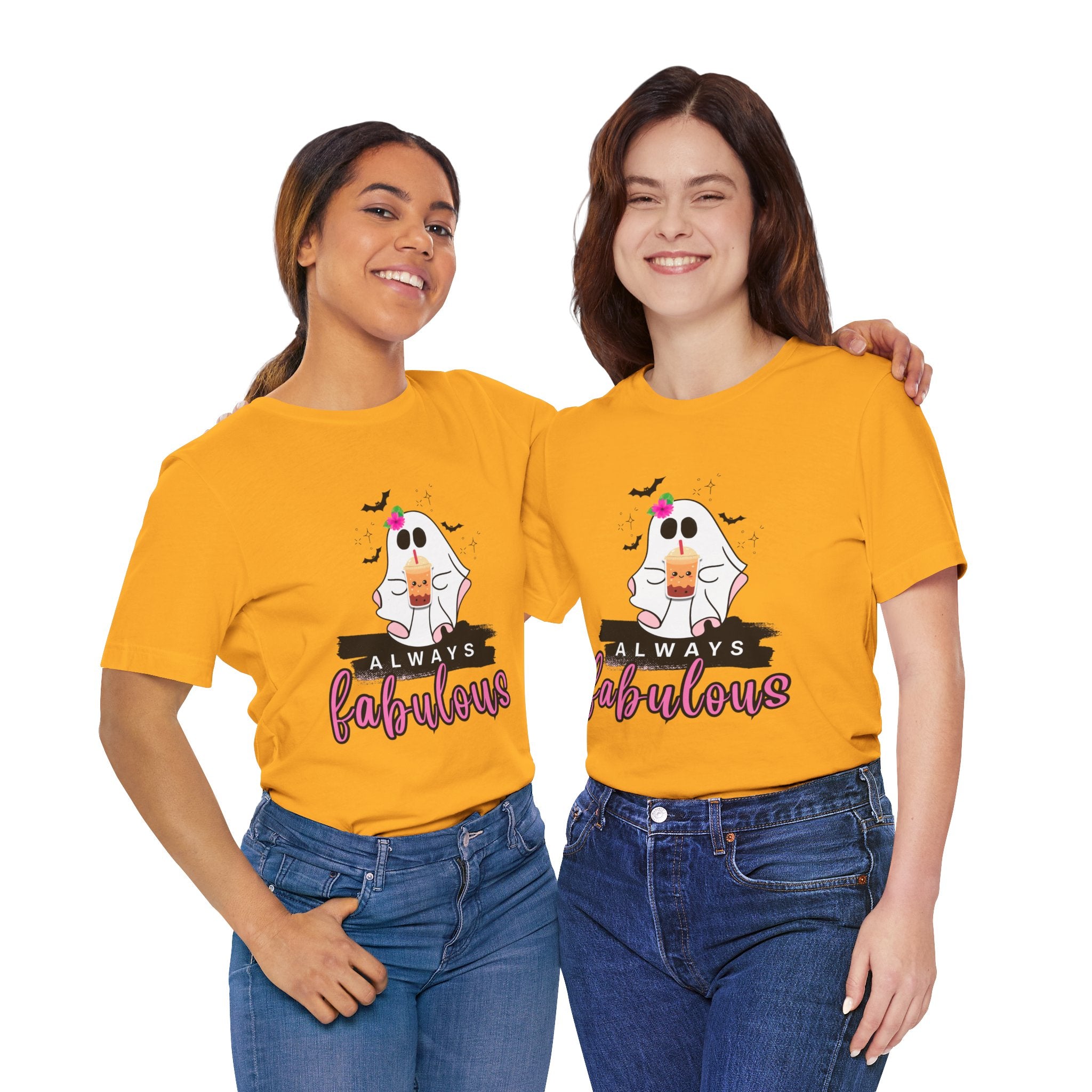 Gold t-shirt with a ghost graphic and 'Always Fabulous' text on a white background