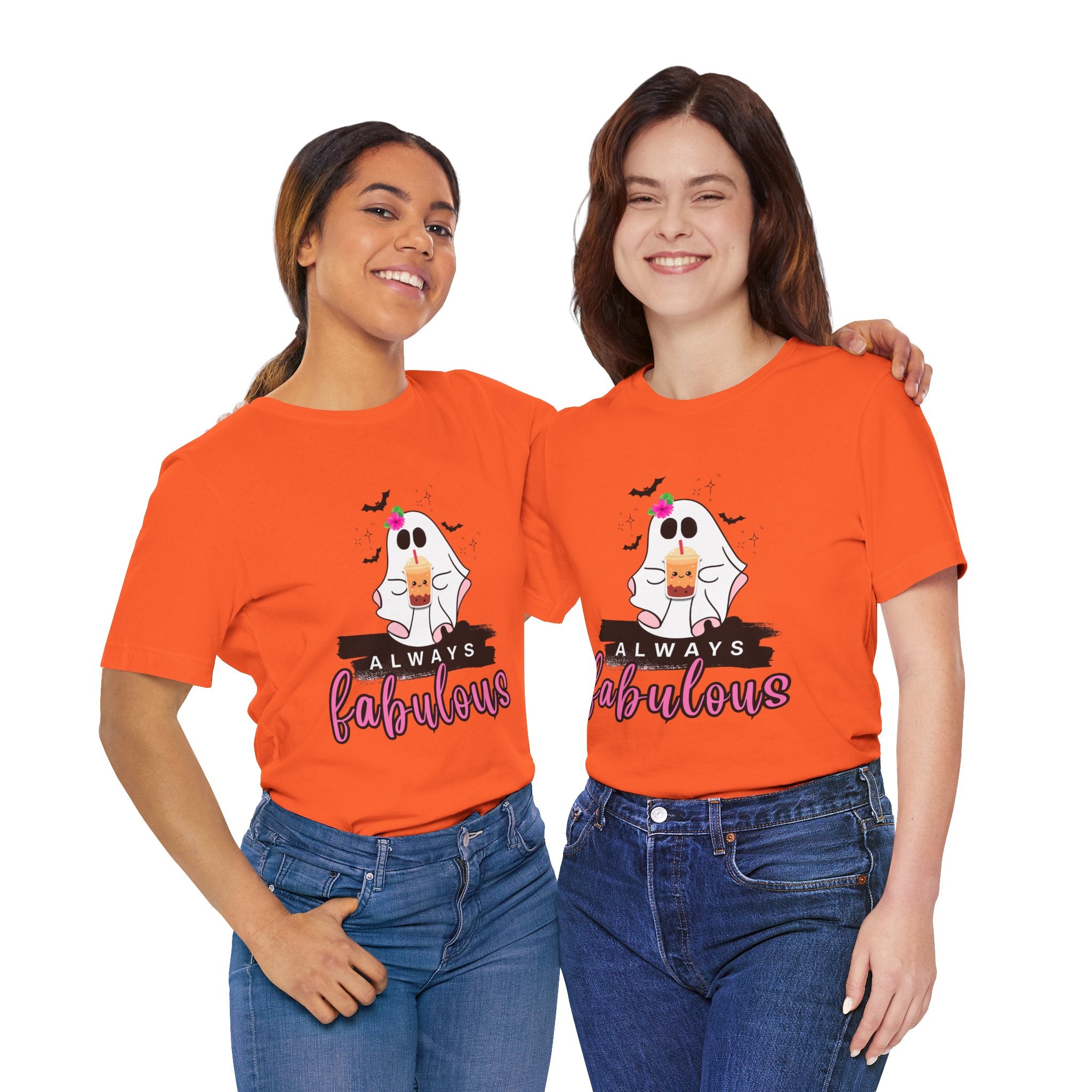 Two people wearing orange t-shirts with a ghost graphic and text on a white background